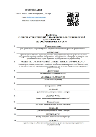 Выписка из реестра уведомлений о транспортно-экспедиционной деятельности по состоянию на 2026-04-30